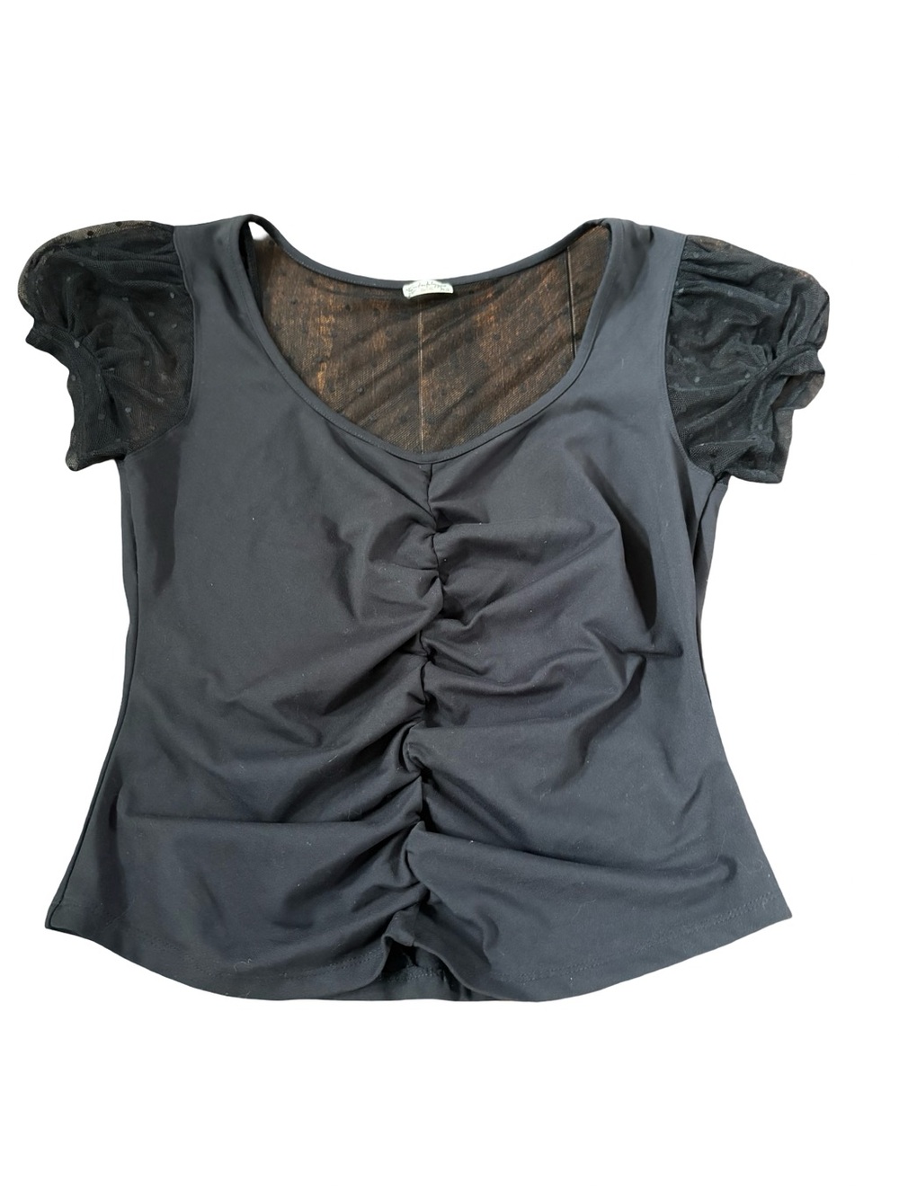 Free People Black Ruched Scoop Neck Short Sleeve Top Lace Detail Size M
